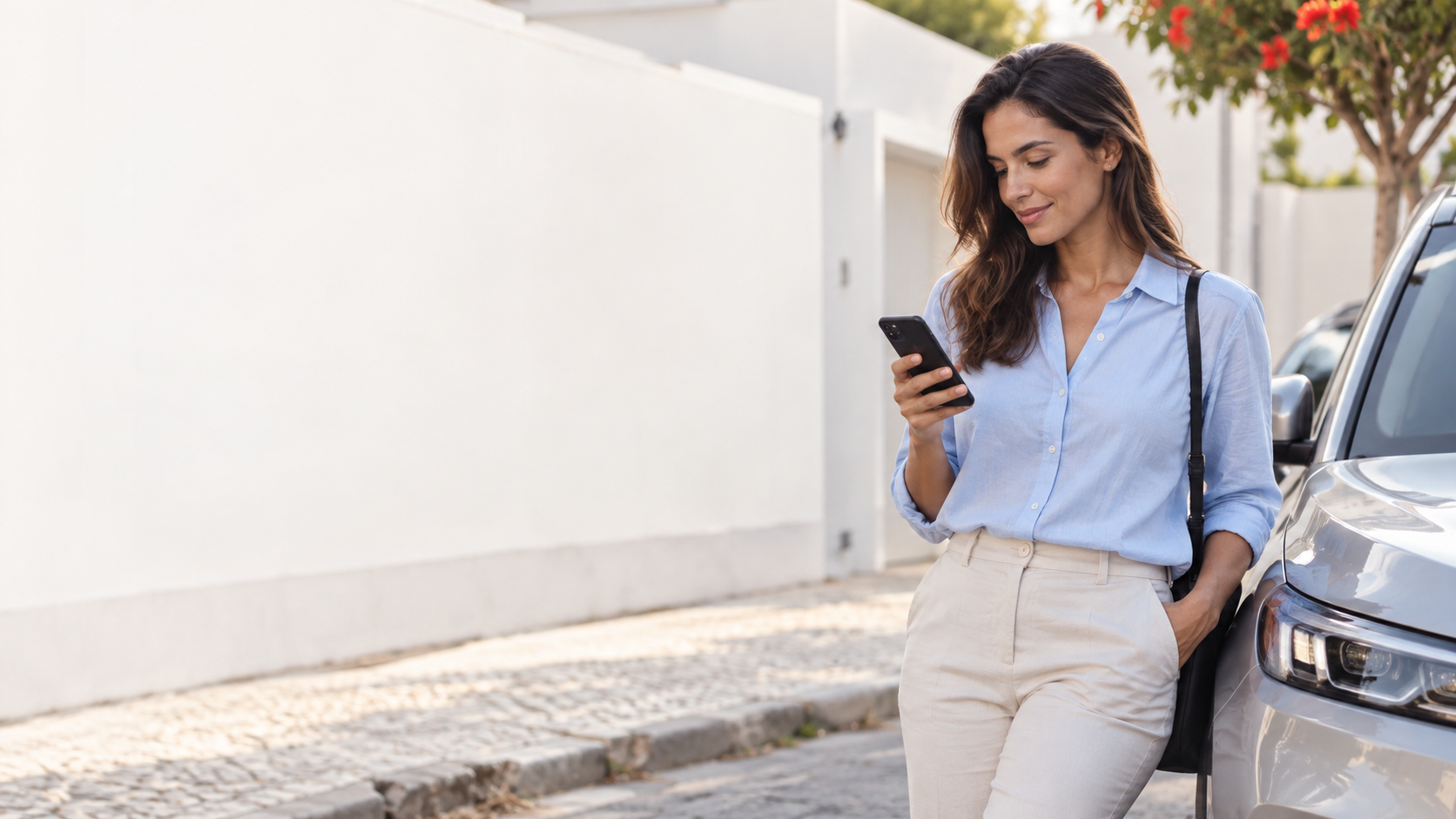 Cliente consultando o celular ao lado do veículo